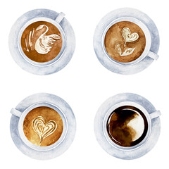 Watercolor set of white coffee cups with heart sign and latte art top view collection isolated on white background.