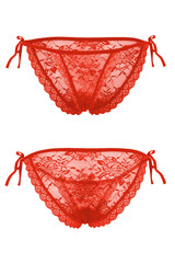 Detail shot of red lace erotic panties with ties, lace frills and a floral pattern. The sexy...