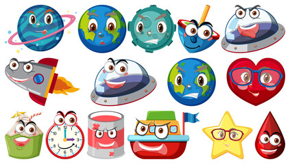 Set of different toy objects with smiley faces