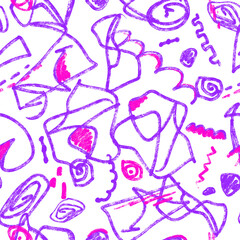 Violet scribbles on white background seamless pattern. Textured very peri, pink lines repeat print. Urban fashionable ornament for fabric, textile, wallpaper, wrapping paper and decoration.