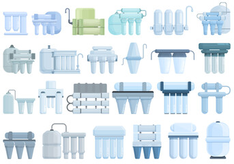 Reverse osmosis system icons set cartoon vector. Aqua filter. Water reverse
