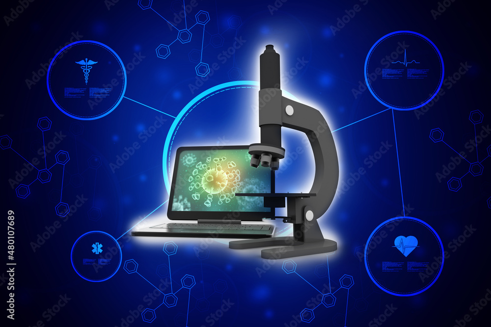 Poster 3d rendering watching corona virus on microscope