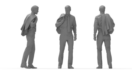 3D rendering of a casual business man front side and back view. Computer render model isolated silhouette.