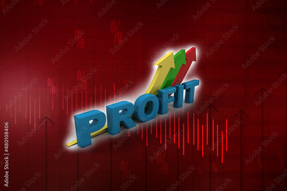 Poster 3d rendering Profit text chart and arrow moving down