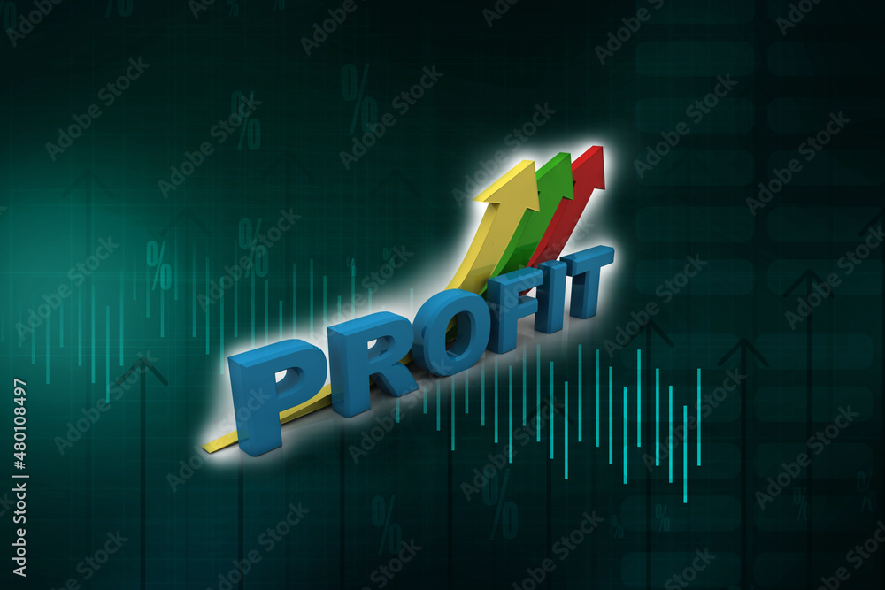 Poster 3d rendering Profit text chart and arrow moving down