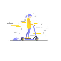 The girl rides an electric scooter right on the road. A young woman rides a scooter. Vector illustration.