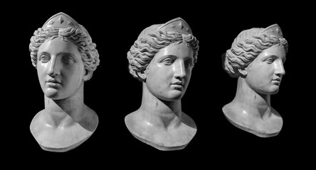 Antique bust of a woman with a diadem on her head. Three angles of rotation. Statue of Athena...