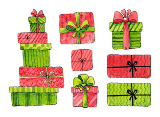 Holiday gifts. Watercolor illustration on a white background.