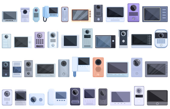 Video intercom icons set cartoon vector. Door phone. Bell alarm button
