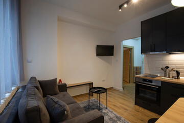 Open plan apartment interior with kitchen and dining space