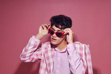 Photo of romantic young boyfriend plaid blazer fashion modern style glasses model studio
