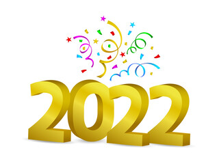 Happy New Year 2022 gold numbers with confetti. Vector holiday illustration with 2022 text design.