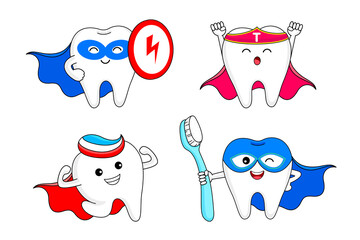 Cute cartoon super hero tooth. Character design, dental care concept. Vector illustration.