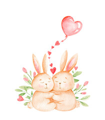 Cute watercolor illustration with two hugging rabbits on a botany background. Enamored rabbits hug and derajat ball in the form of a heart, isolated on white background