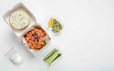 Healthy food business, delivery at home or office, modern takeaway meal, covid-19 outbreak