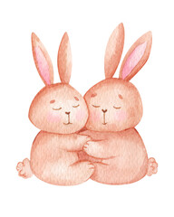 Cute watercolor illustration with two rabbits hugging isolated on white background. Enamored rabbits hold on to their paws, with a blush on their muzzle. Valentine's day picture.