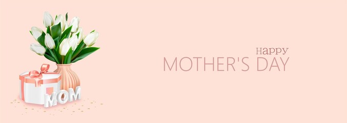 Happy Mother's Day greeting card. Spring cut flowers tulips, festive background. Vector illustration. Women's holiday