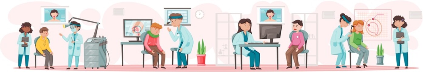 Otolaryngologist doctor with nose, ear and throat or ENT diagnostic and treatment instruments. Otology doctor with patient. Otorhinolaryngology healthcare medicine or otolaryngology diseases