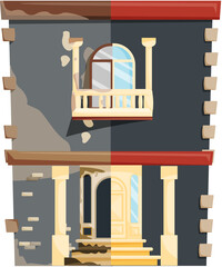 Home renovation, house before and after repair. New and old suburban cottage. Remodel construction. Old run-down house remodeled into cute traditional suburban cottage. Building maintenance service