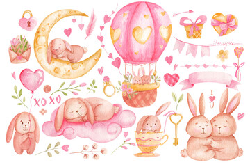 Cute rabbits in love and symbols of love. Hand painted Valentine's Day watercolor set isolated on white background. Use it for cards, invitations and scrapbooking.