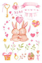 Cute rabbits in love and symbols of love. Hand painted Valentine's Day watercolor set isolated on white background. Use it for cards, invitations and scrapbooking.