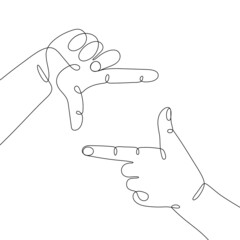 Single line drawn hand gestures,  minimalistic human framing hands, frame made from fingers, photo and focus sign. Dynamic continuous one line graphic vector design - obrazy, fototapety, plakaty