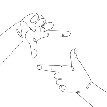 Single line drawn hand gestures,  minimalistic human framing hands, frame made from fingers, photo and focus sign. Dynamic continuous one line graphic vector design