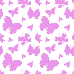 Vector seamless pattern with pink silhouettes of butterflies for Valentine's Day background.Simple print with summer insect in doodle style.Design for packaging,textiles,wrapping paper,scrapbook.