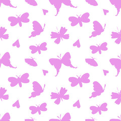 Vector seamless pattern with pink silhouettes of butterflies for Valentine's Day background.Simple print with summer insect in doodle style.Design for packaging,textiles,wrapping paper,scrapbook.