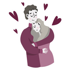 Embraces of a loving couple. Valentine's day card with happy couple. Couple in love embracing together and smile. Vector illustration. Romantic concept.