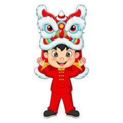 Cartoon chinese boy with lion dance