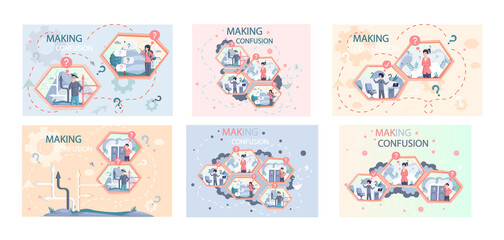 Making confusion. Doubts person surrounded by question marks. Questions dilemma situations. Asking questions. Confused people. Making choice. Being confused. Thinking or make decision. Solving problem