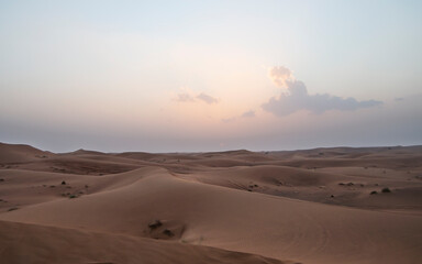 Fototapeta na wymiar Desert landscape in Dubai, Rub Al Khali is the largest desert in the Arabian Peninsula. In addition to the United Arab Emirates, spreads on the territory of states such as Saudi Arabia, Oman, Yemen.