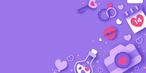 Fototapeta premium Happy Valentine's Day. Valentine day love beautiful. Hearts, Gift, flower, sweets, confetti, envelope on very peri background. Happy holidays. Love14 February paper cut concept