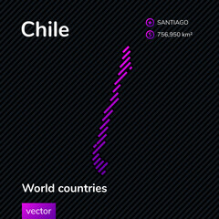 Vector stylized flat map of Chile in violet and black colors on striped background