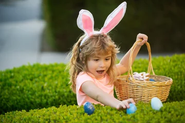Schilderijen op glas Child gathering eggs, easter egg hunt concept. Easter bunny kids. Kids in bunny ears on Easter egg hunt in garden. © Volodymyr
