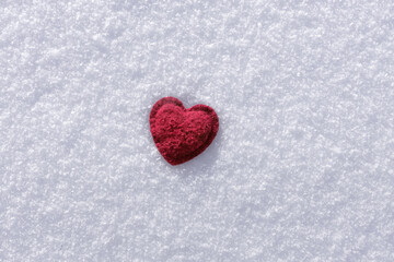 valentines day layout red heart on a snow-white winter background, love concept