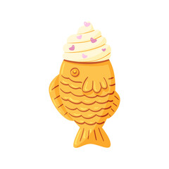Traditional Asian street food. Taiyaki waffle snack vector illustration hand drawn in cartoon style and isolated on white background. Little fish-shaped bun with ice cream