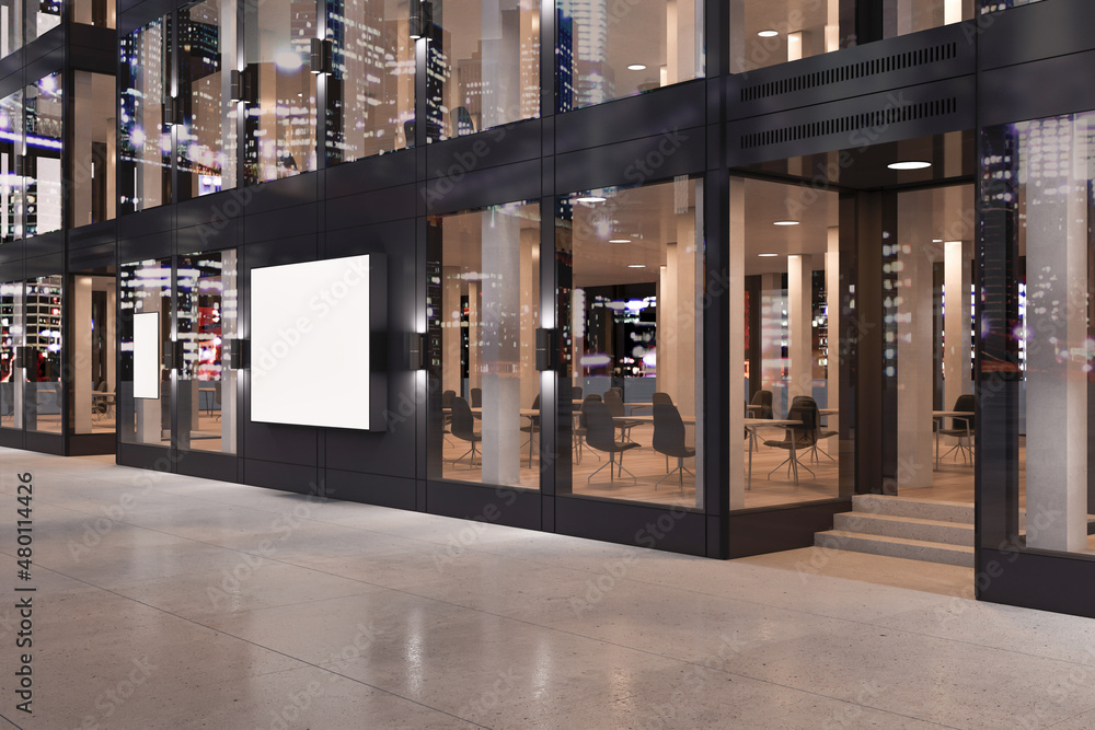 Poster Modern glass store front exterior design with reflections and empty white frame. Mock up, 3D Rendering.