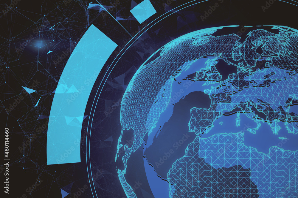 Poster bright digital polygonal globe on blurry blue background. technology, innovation and futuristic netw