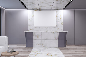 Contemporary office lobby interior with empty white mockup poster, wooden flooring, marble desk and gray walls. Workplace and waiting area concept. 3D Rendering.