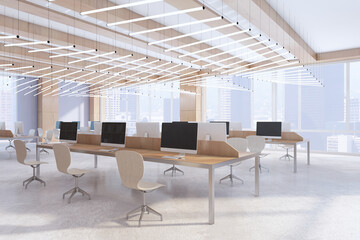 Clean concrete and wooden coworking office interior with window and city view, empty computer screens, equipment, furniture and daylight. 3D Rendering.
