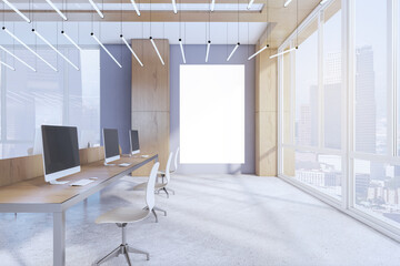 Contemporary concrete coworking office interior with empty mock up poster, window and bright city view, empty computer screens, equipment, furniture and daylight. 3D Rendering.