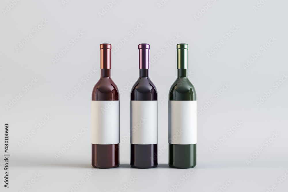 Poster empty white label wine bottles on light background. alcohol, winery, beverage and elegance concept. 