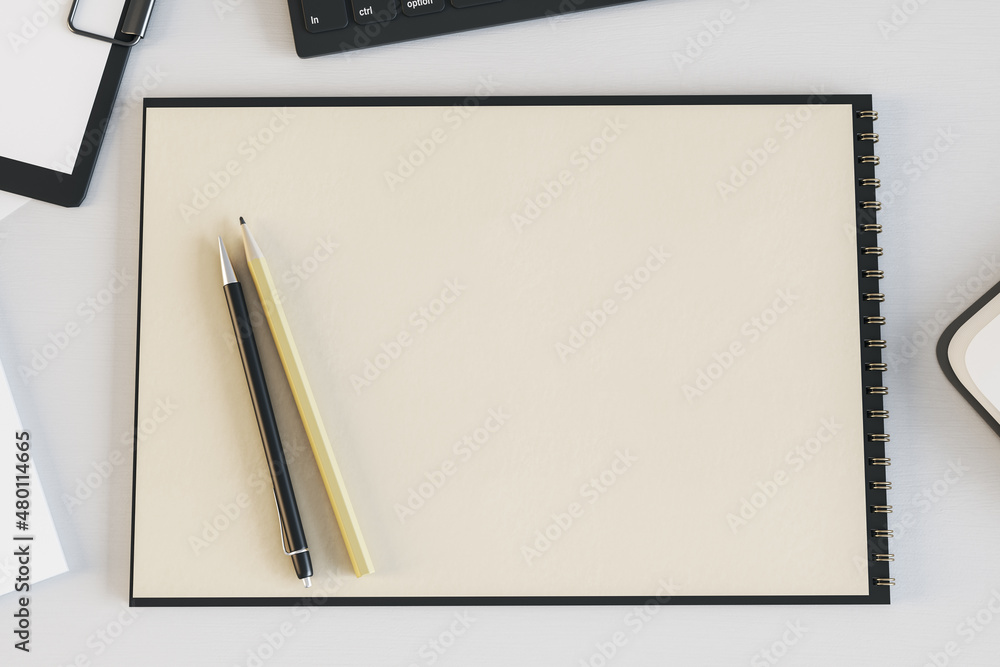 Poster Top view of empty spiral notepad on white desk with keyboard and pencils. Drawing, workplace, supplies and art concept. Mock up, 3D Rendering.