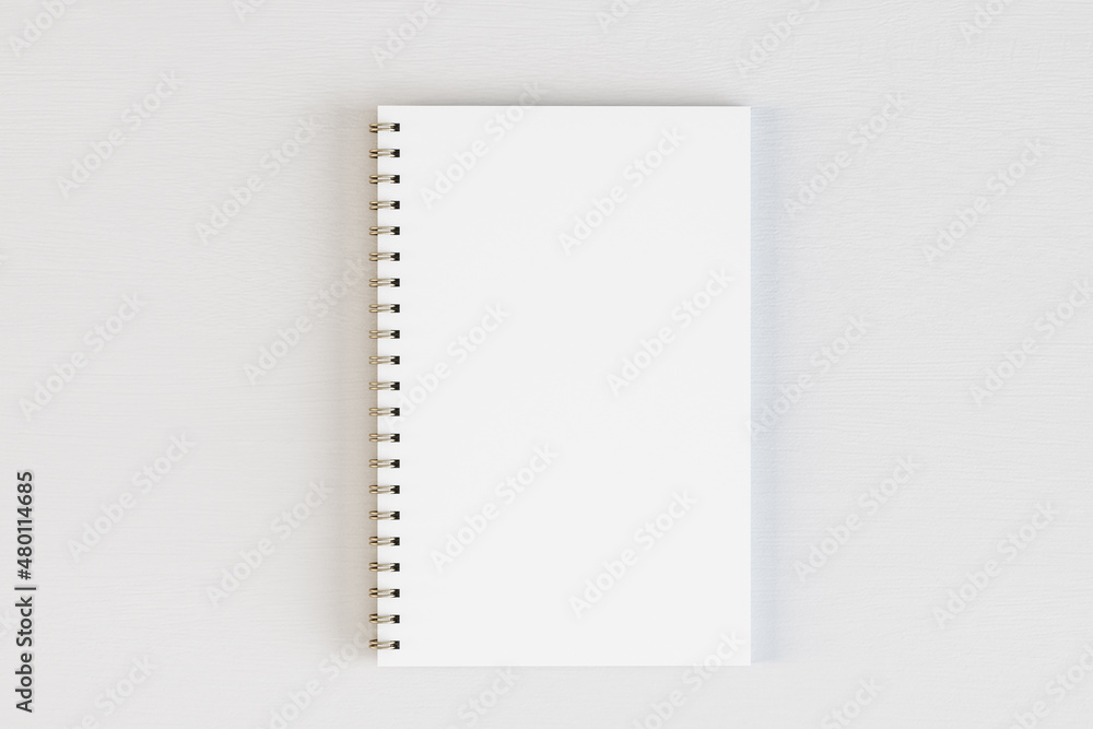 Aufkleber Top view of empty white spiral notepad on light desktop background. Mock up, 3D Rendering.