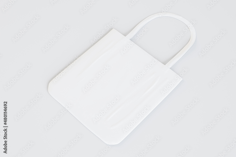 Poster Blank white shopping bag on light background with mock up place. Purchase and commerce concept. 3D Rendering.