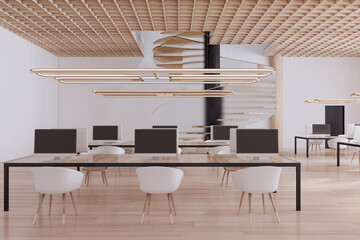 Contemporary wooden coworking office interior with furniture and spiral stairscase. 3D Rendering.