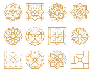 Abstract oriental muslim arabic golden framed emblems. Traditional ornamental arabic luxury frames vector illustration set. Oriental style gold outline rosettes - obrazy, fototapety, plakaty
