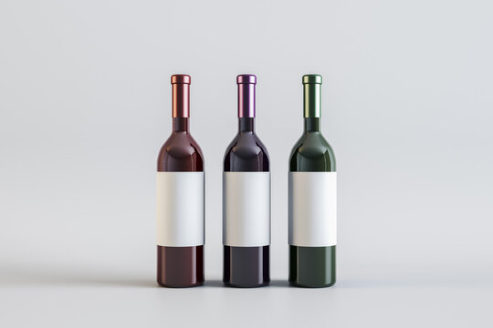 Empty white label wine bottles on light background. Alcohol, winery, beverage and elegance concept. Mock up, 3D Rendering.
